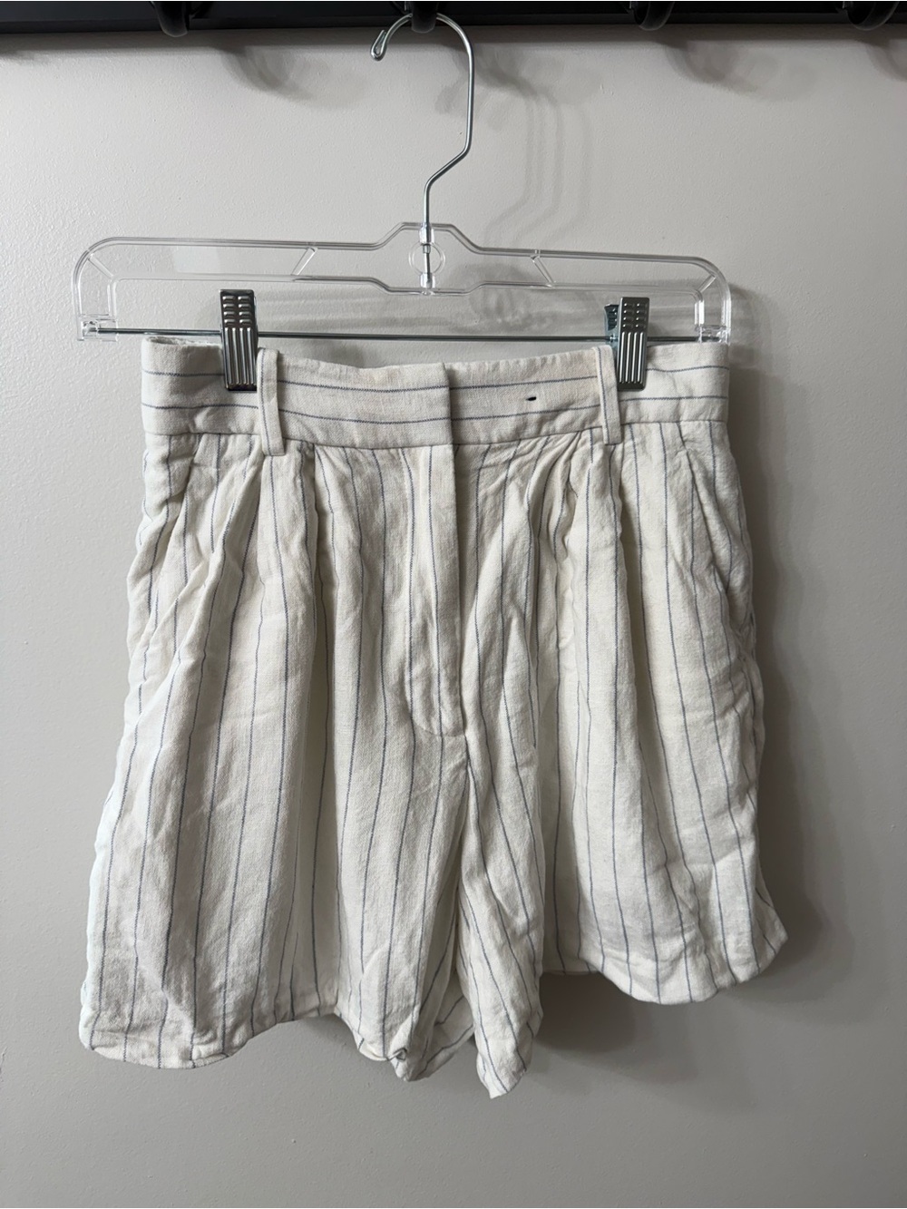 White Linen-Blend Pinstripe High-Waist Shorts